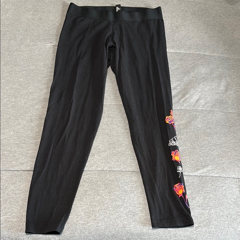 adidas Black Leggings with Red and Orange Floral Design